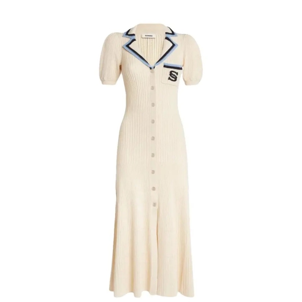 Sandro Long Elegant Cream Knit Dress with S Patch Endource